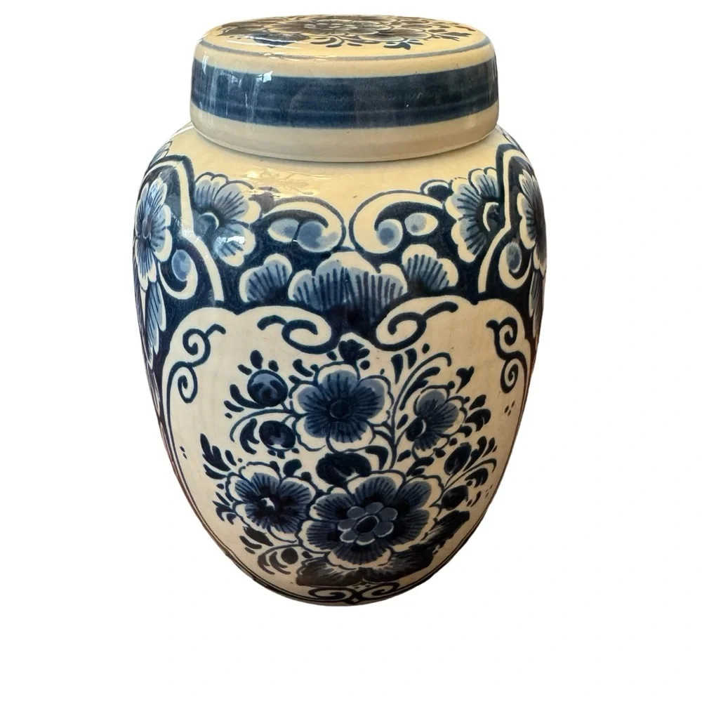 Vintage 1960s Danish Delft Fine Porcelain Ginger Jar With Lid